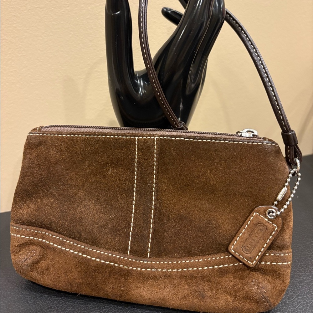 Coach Brown Suede Wristlet Clutch with Contrast Stitching